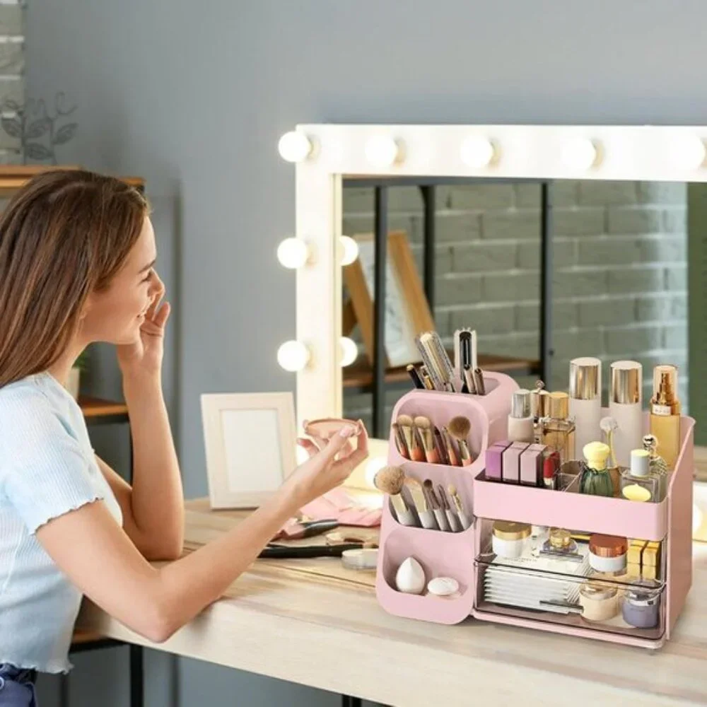 New Large Makeup Organizer, Vanity Storage with Brush Holder & Drawers for Women